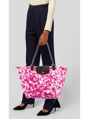 Longchamp Le Pliage Floral Tote Bag Pink White Nylon Leather Large Shoulder Bag
